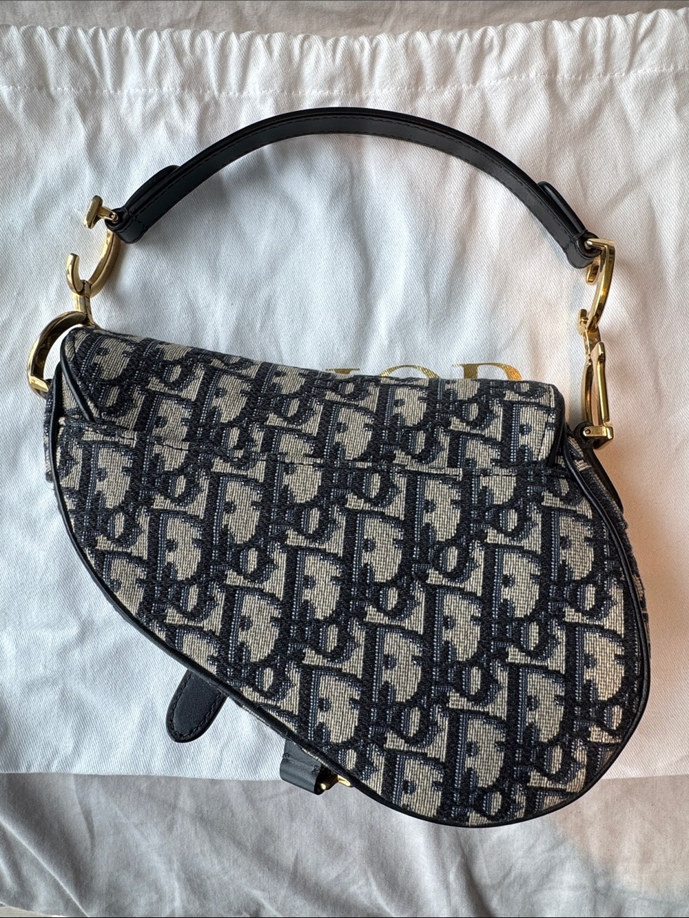 Dior Oblique Navy and Beige Saddle Shoulder Bag with Gold Hardware - Picture 7 of 13